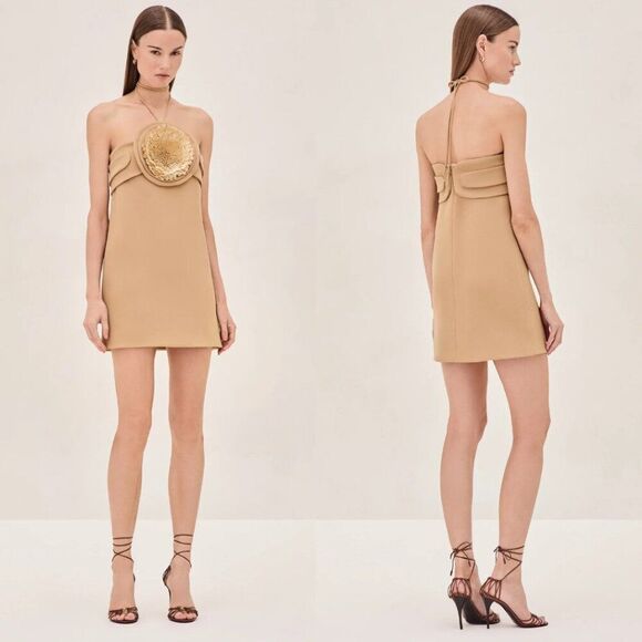 NWT Alexis Liss Sequin Flower Embellished Halter Short Dress Sand Size XS - Picture 1 of 7